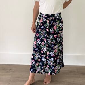 Vintage Navy Floral Maxi Skirt with button front Womens' Plus 40 / 18W
